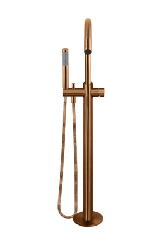 Meir Freestanding Bath Spout and Hand Shower in PVD Lustre Bronze finish. Pinless Range.