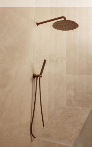 Meir round curved shower arm, 400mm, in PVD Lustre Bronze finish by Darren Palmer