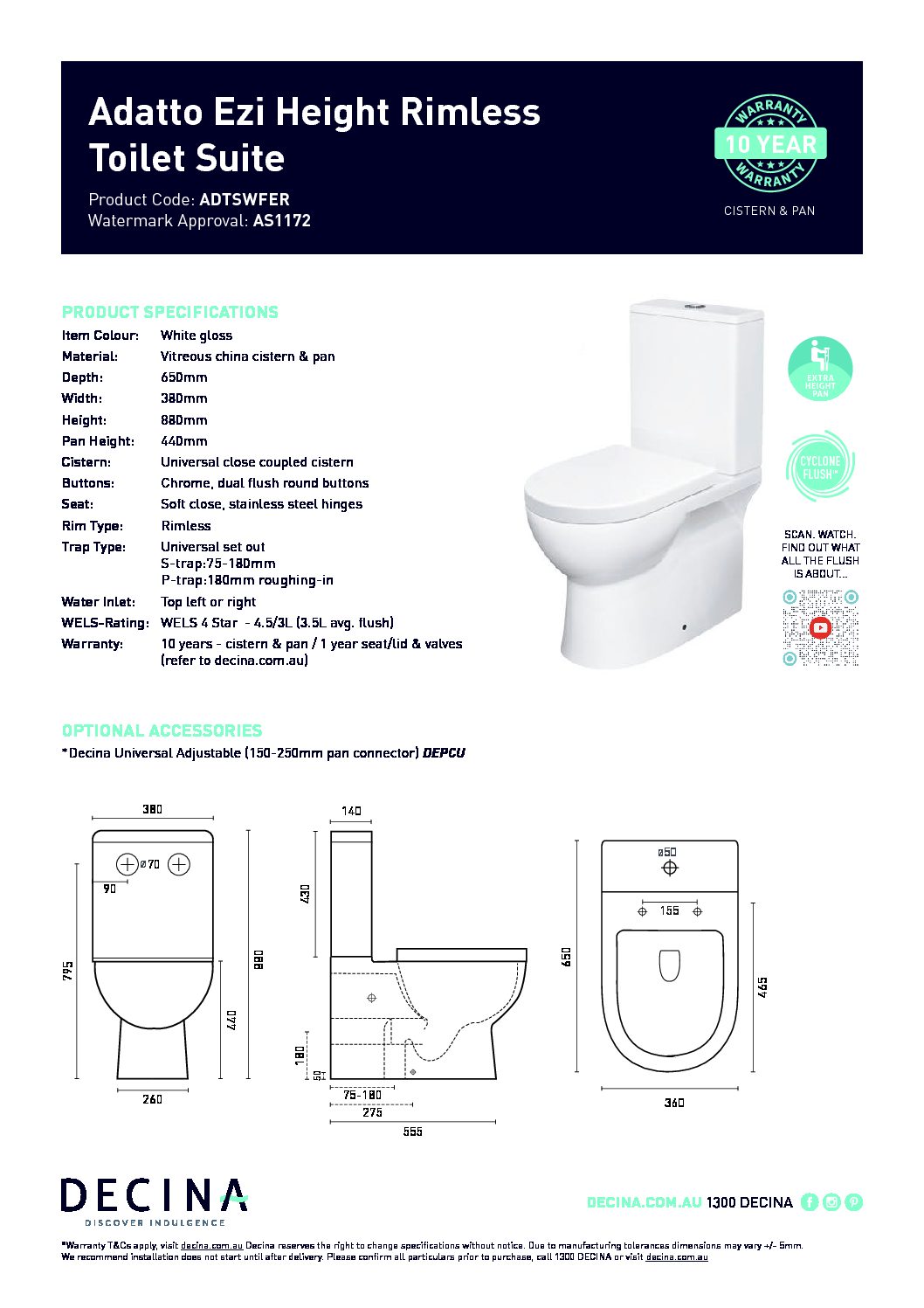 Decina Adatto Ezi Height Toilet Spec Sheet Tap & Sink Contemporary
