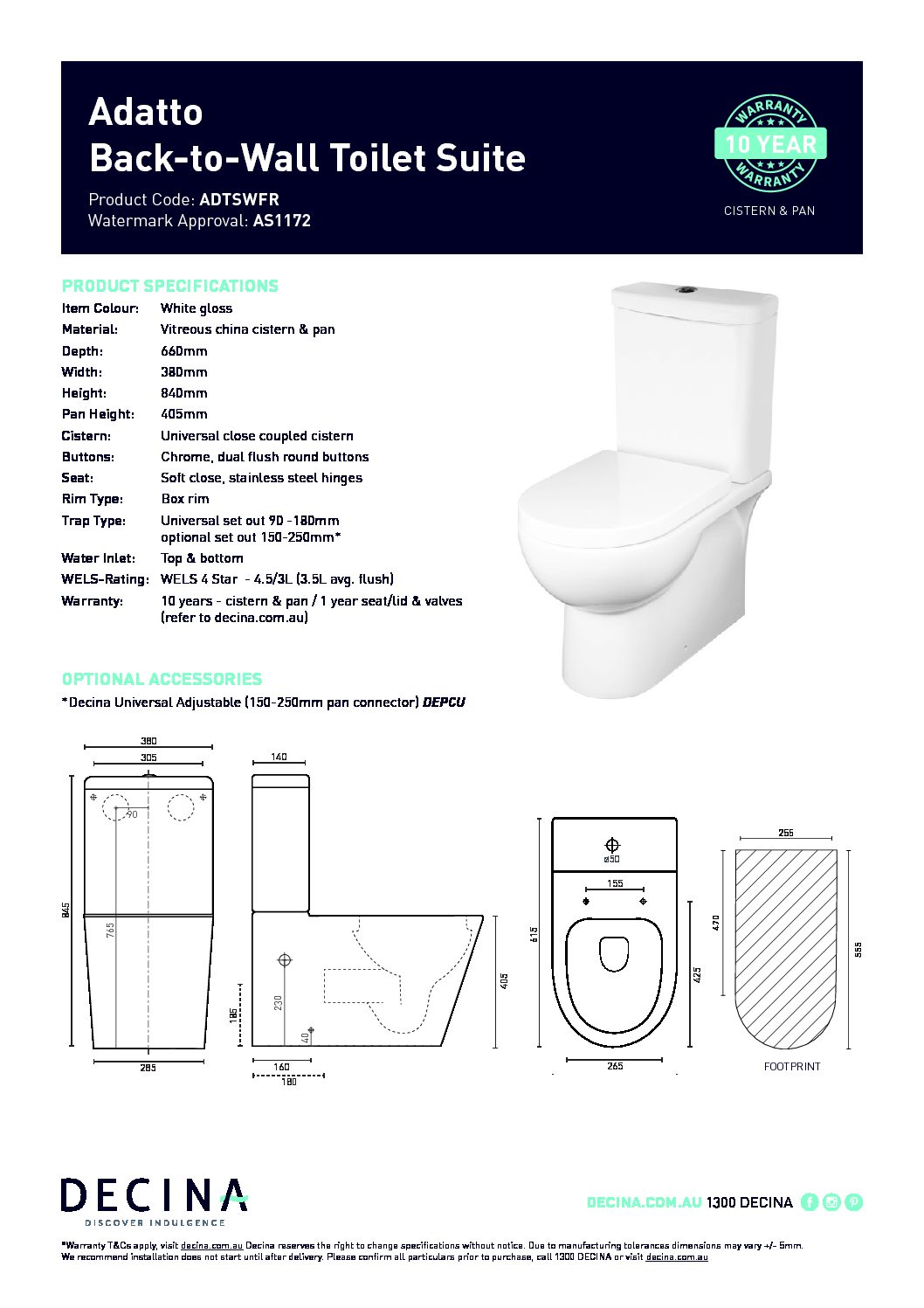 Decina Adatto Toilet Spec Sheet Tap & Sink Contemporary Living Pty Ltd
