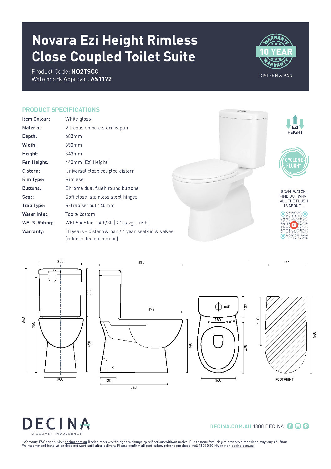 Decina Novara Ezi Height Toilet Spec Sheet Tap & Sink Contemporary