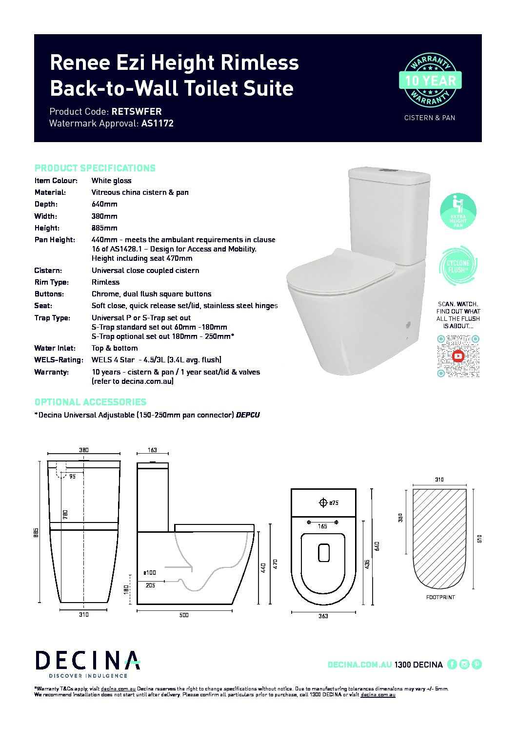 Decina Renee Ezi Height Toilet Spec Sheet Tap & Sink Contemporary Living Pty Ltd