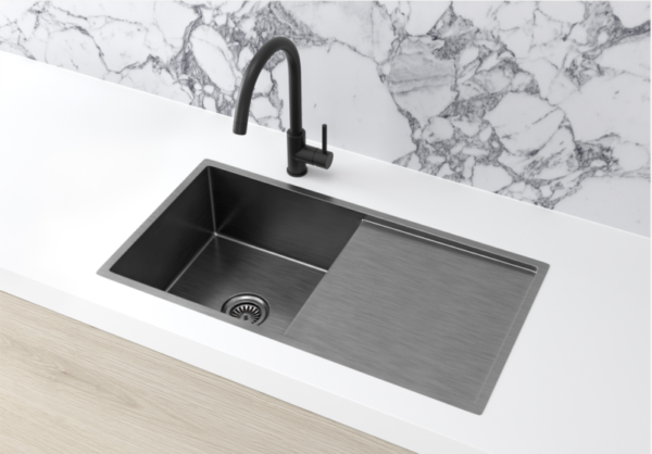 Lavello Kitchen Sink with drainboard - Single Bowl (840x440) in PVD Gunmetal Black finish /Drainer on Right