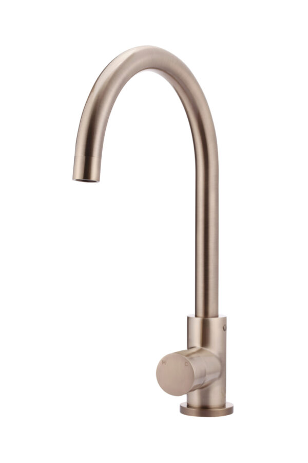 MEIR ROUND GOOSENECK KITCHEN MIXER TAP - PINLESS RANGE, CHAMPAGNE FINISH