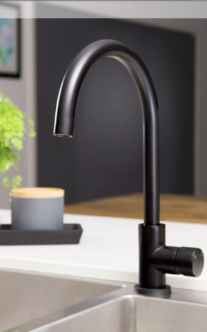 MEIR ROUND GOOSENECK KITCHEN MIXER TAP - PINLESS RANGE, MATTE BLACK FINISH