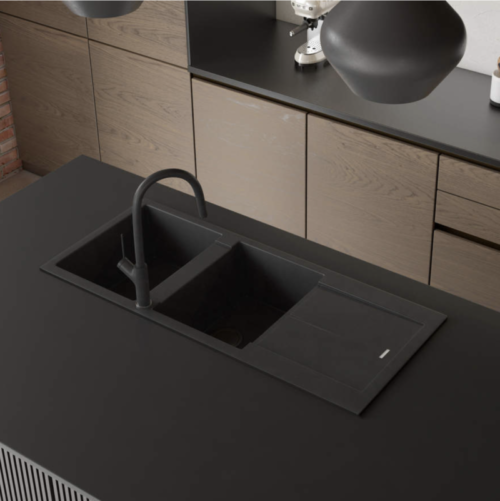 Oliveri 'Santorini' granite kitchen sink, 2 bowls with a reversible drainer (right or left) - black finish (1160 x 500)