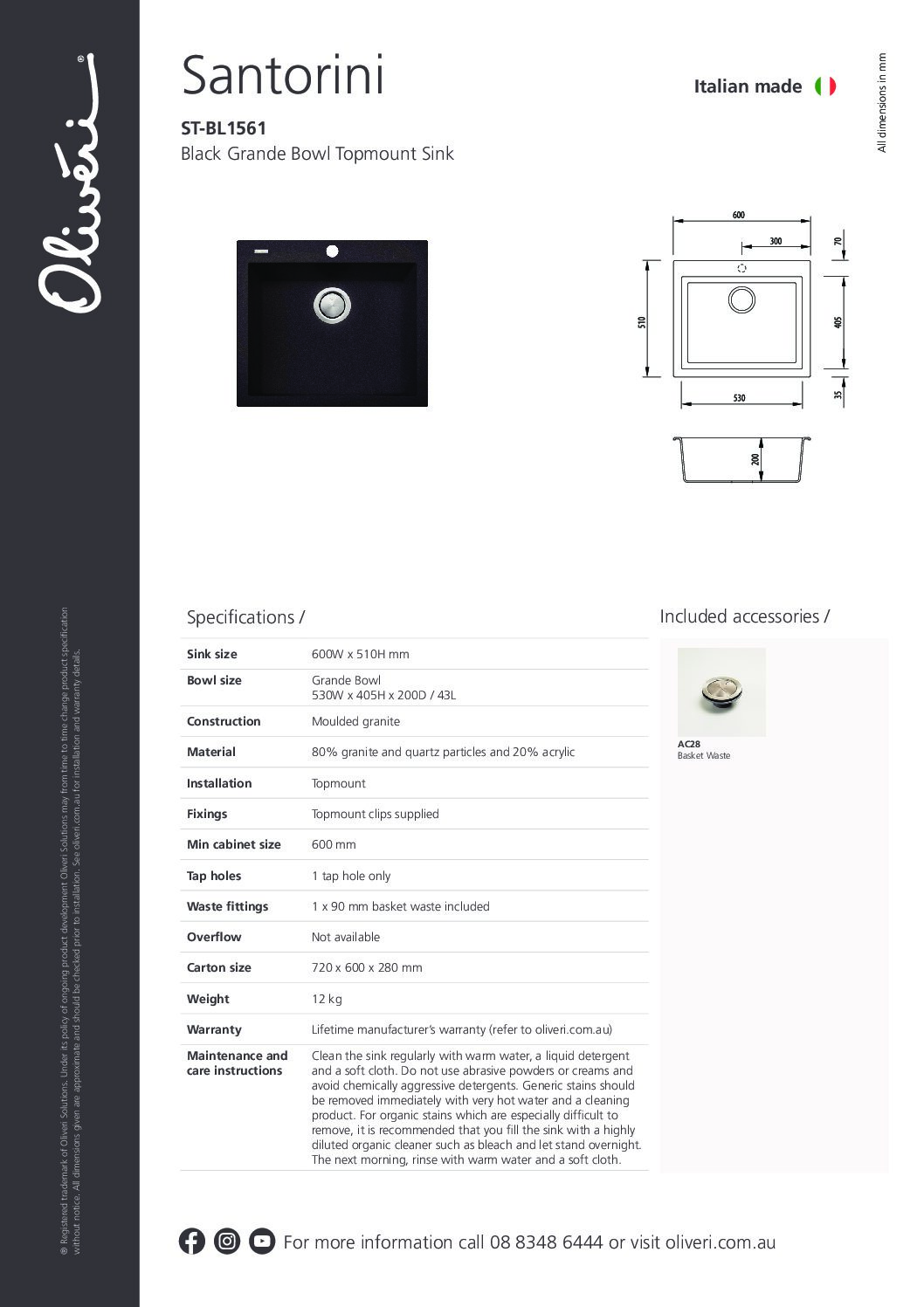 Oliveri 'Santorini' Single Bowl Topmount Granite Sink