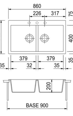 Oliveri 'Santorini' double bowl granite sink, one taphole - black/ white finish (size 1 564) technical drawing