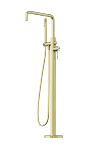 NERO OPAL FREESTANDING BATH MIXER WITH HAND SHOWER, IN BRUSHED GOLD FINISH