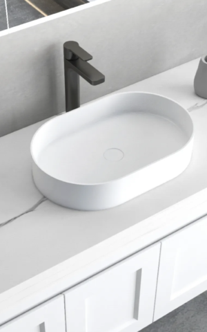 Otti Cast Stone Basin: Noosa matte white finish (585x385)