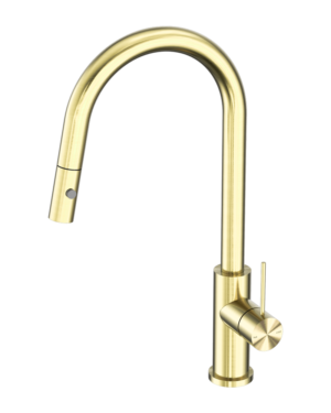 Nero 'Mercca' Pull-out kitchen mixer tap with Vegie Spray Function. Brushed Gold finish