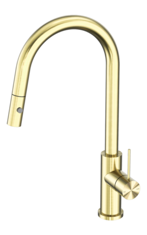 Nero 'Mercca' Pull-out kitchen mixer tap with Vegie Spray Function. Brushed Gold finish