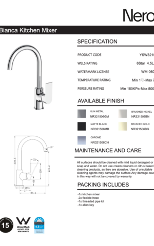 Nero Bianca kitchen/ laundry tap. Spec sheet