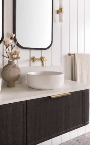 ADP Flo Vanity. Double Bowl. Estella Oak finish