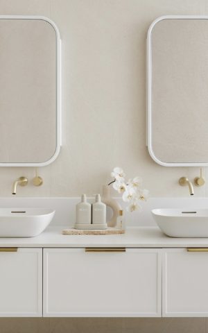 ADP Flo Vanity. Double Bowl. Ultra white finish