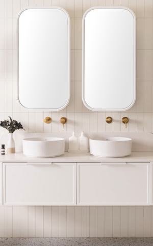 ADP Flo Vanity. Double Bowl. Ultra white finish