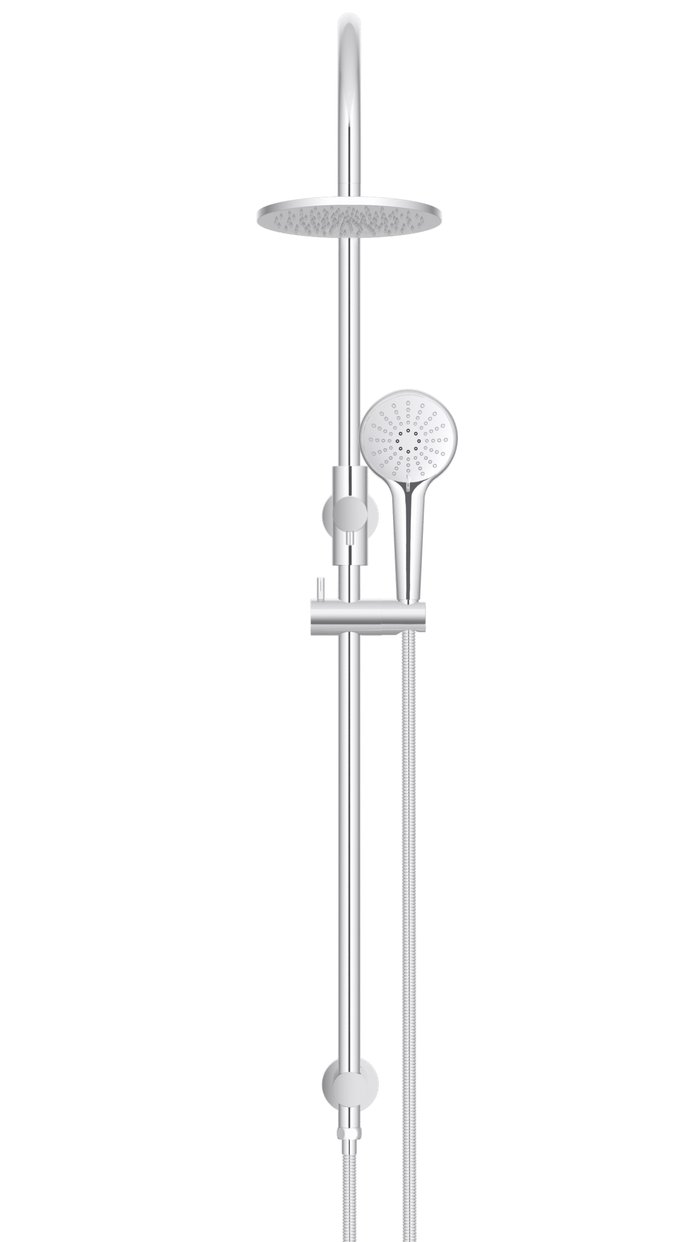 MZ0904-C Meir Polished_Chrome_front | Tap & Sink Contemporary Living Pty Ltd Meir Round Gooseneck Shower Set: 200mm Rose & Single-Function Hand Shower. Chrome finish. 200MM Rose