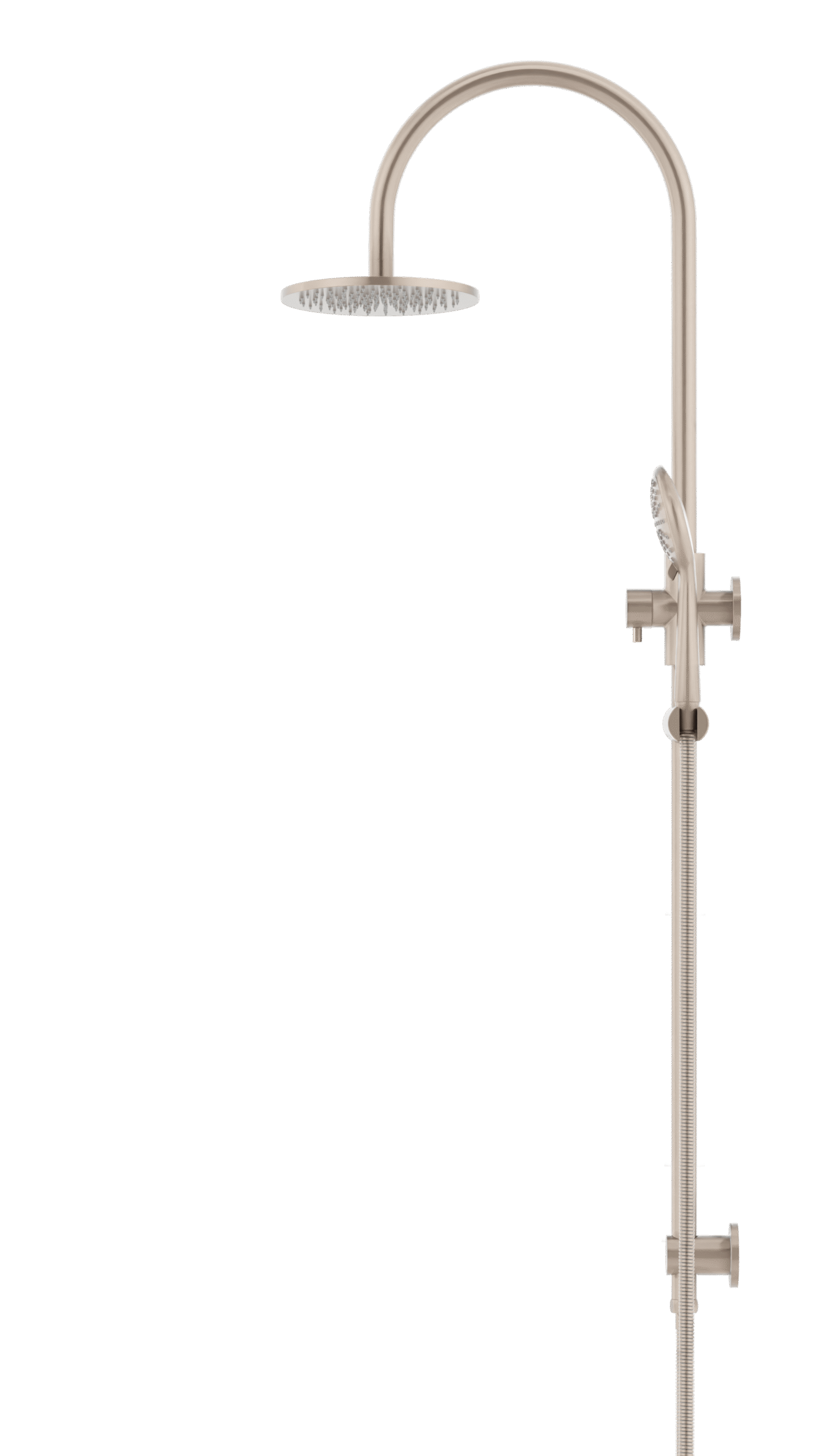 MZ0904-CH Meir_Champagne_profile | Tap & Sink Contemporary Living Pty Ltd Meir Round Gooseneck Shower Set: 200mm Rose & Single-Function Hand Shower. Champagne finish. 200MM Rose