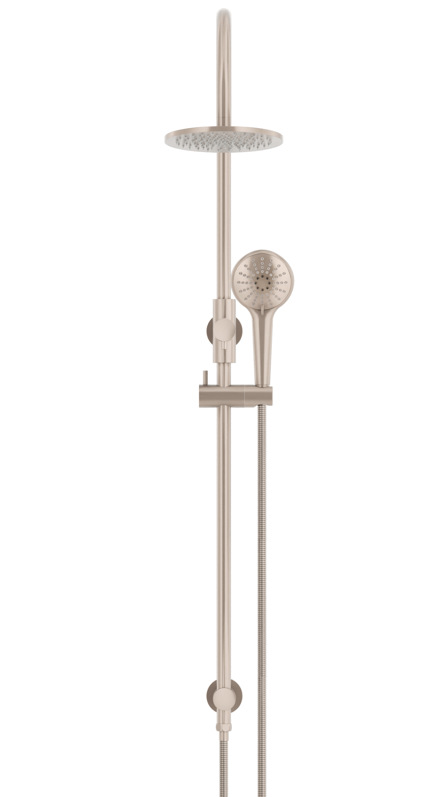 MZ0904-CH Meir_Champange_front | Tap & Sink Contemporary Living Pty Ltd Meir Round Gooseneck Shower Set: 200mm Rose & Single-Function Hand Shower. Champagne finish. 200MM Rose