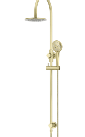 Meir Round Gooseneck Shower Set: 200mm Rose & Single-Function Hand Shower. PVD Tiger Bronze Gold finish. 200MM Rose