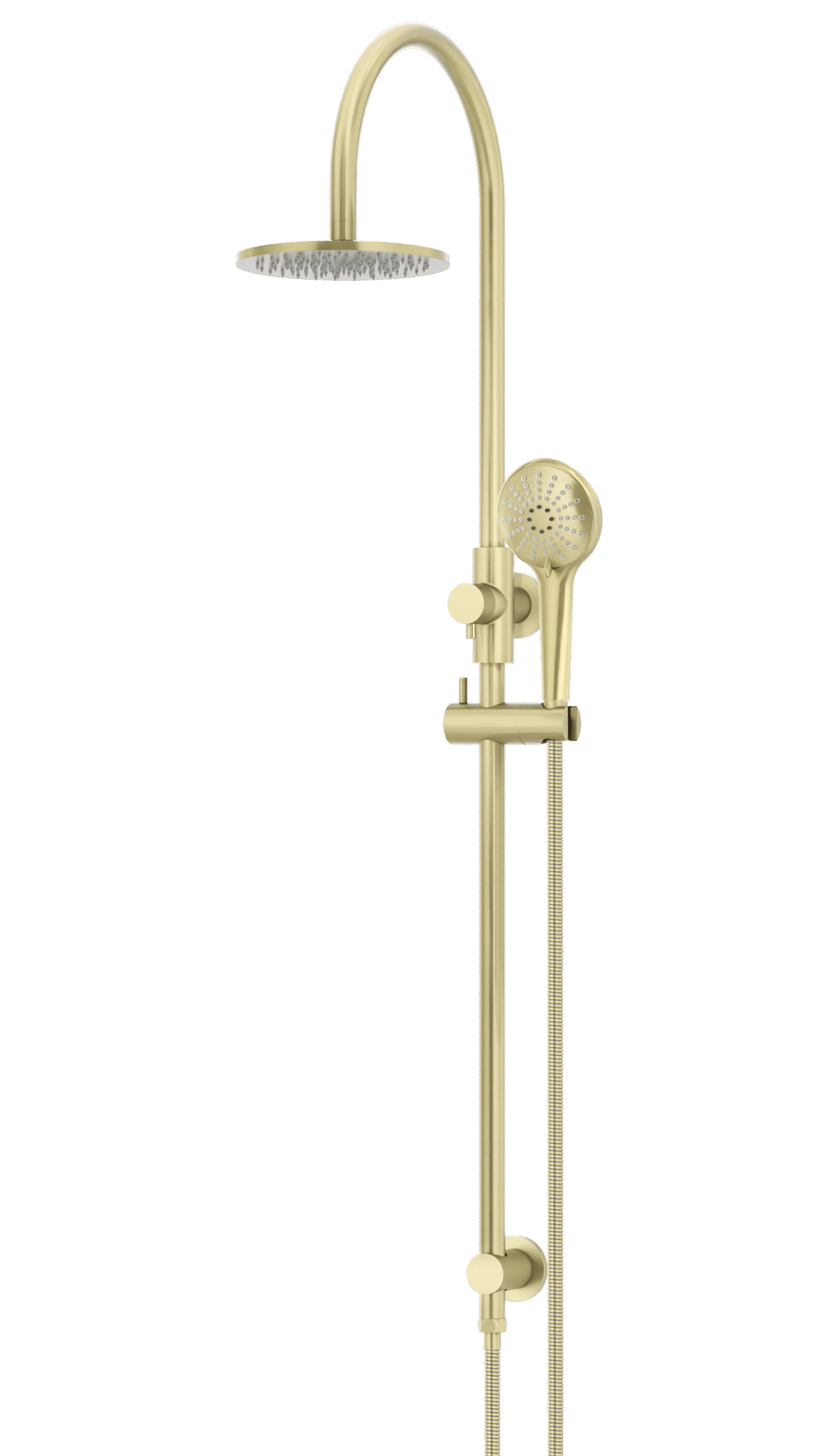 MZ0904-PVDBB_Meir_TigerBronze_angle | Tap & Sink Contemporary Living Pty Ltd Meir Round Gooseneck Shower Set: 200mm Rose & Single-Function Hand Shower. PVD Tiger Bronze Gold finish. 200MM Rose