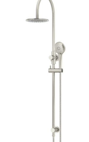 Meir Round Gooseneck Shower Set: 200mm Rose & Single-Function Hand Shower. PVD Brushed Nickel finish. 200MM Rose