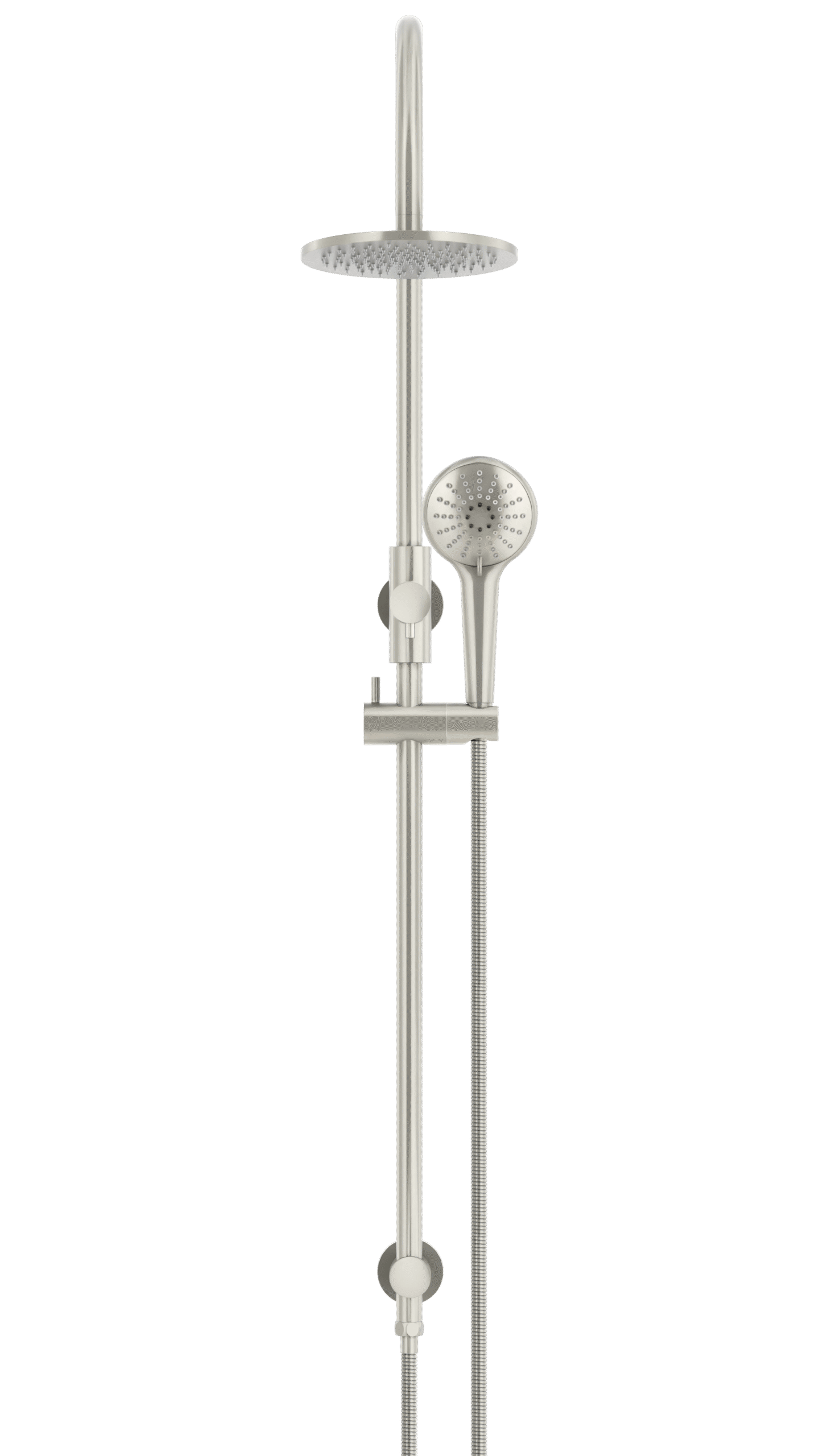 MZ0904-PVDBN_BrushedNickel_front | Tap & Sink Contemporary Living Pty Ltd Meir Round Gooseneck Shower Set: 200mm Rose & Single-Function Hand Shower. PVD Brushed Nickel finish. 200MM Rose