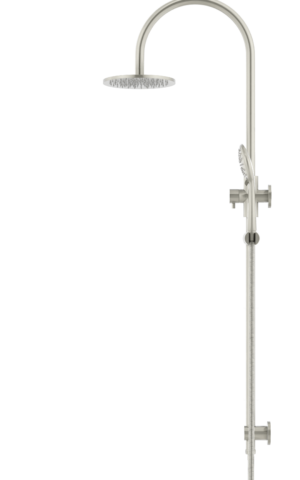 Meir Round Gooseneck Shower Set: 200mm Rose & Single-Function Hand Shower. PVD Brushed Nickel finish. 200MM Rose