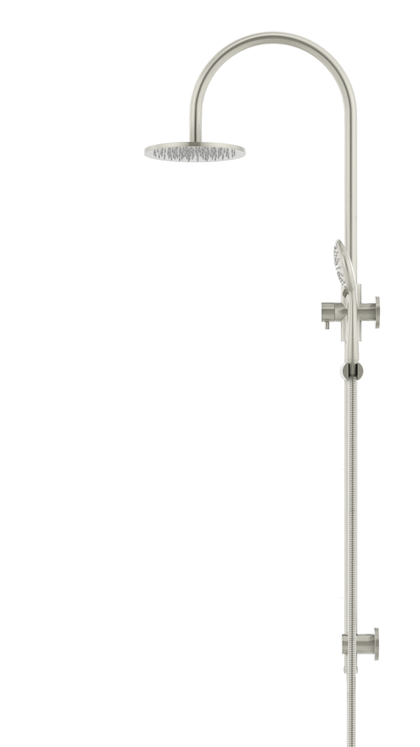 MZ0904-PVDBN_BrushedNickel_profile | Tap & Sink Contemporary Living Pty Ltd Meir Round Gooseneck Shower Set: 200mm Rose & Single-Function Hand Shower. PVD Brushed Nickel finish. 200MM Rose