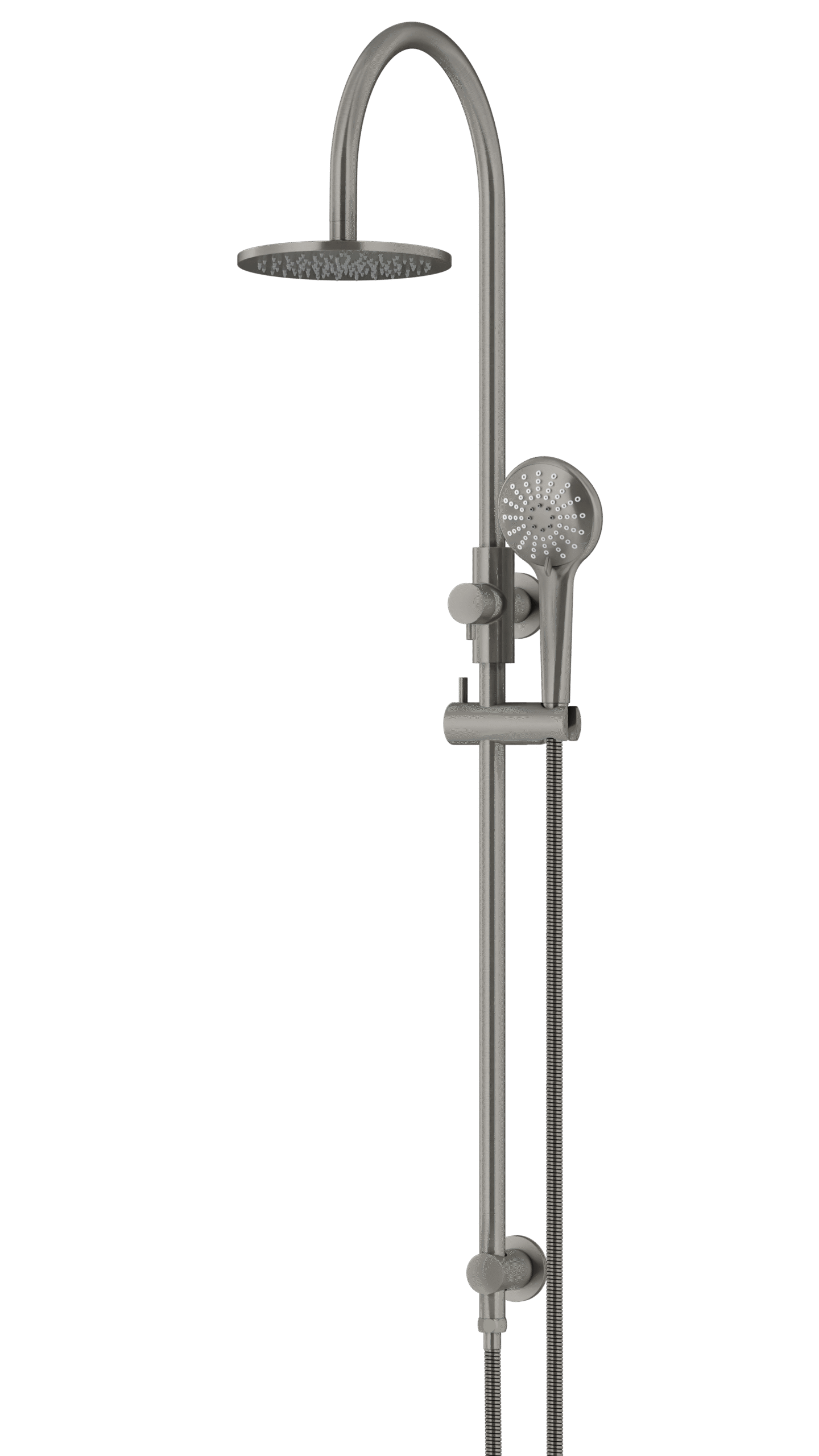 MZ0904-PVDGM_Meir_PVD_Shadow_angle | Tap & Sink Contemporary Living Pty Ltd Meir Round Gooseneck Shower Set: 200mm Rose & Single-Function Hand Shower. PVD Gunmetal Grey finish. 200MM Rose