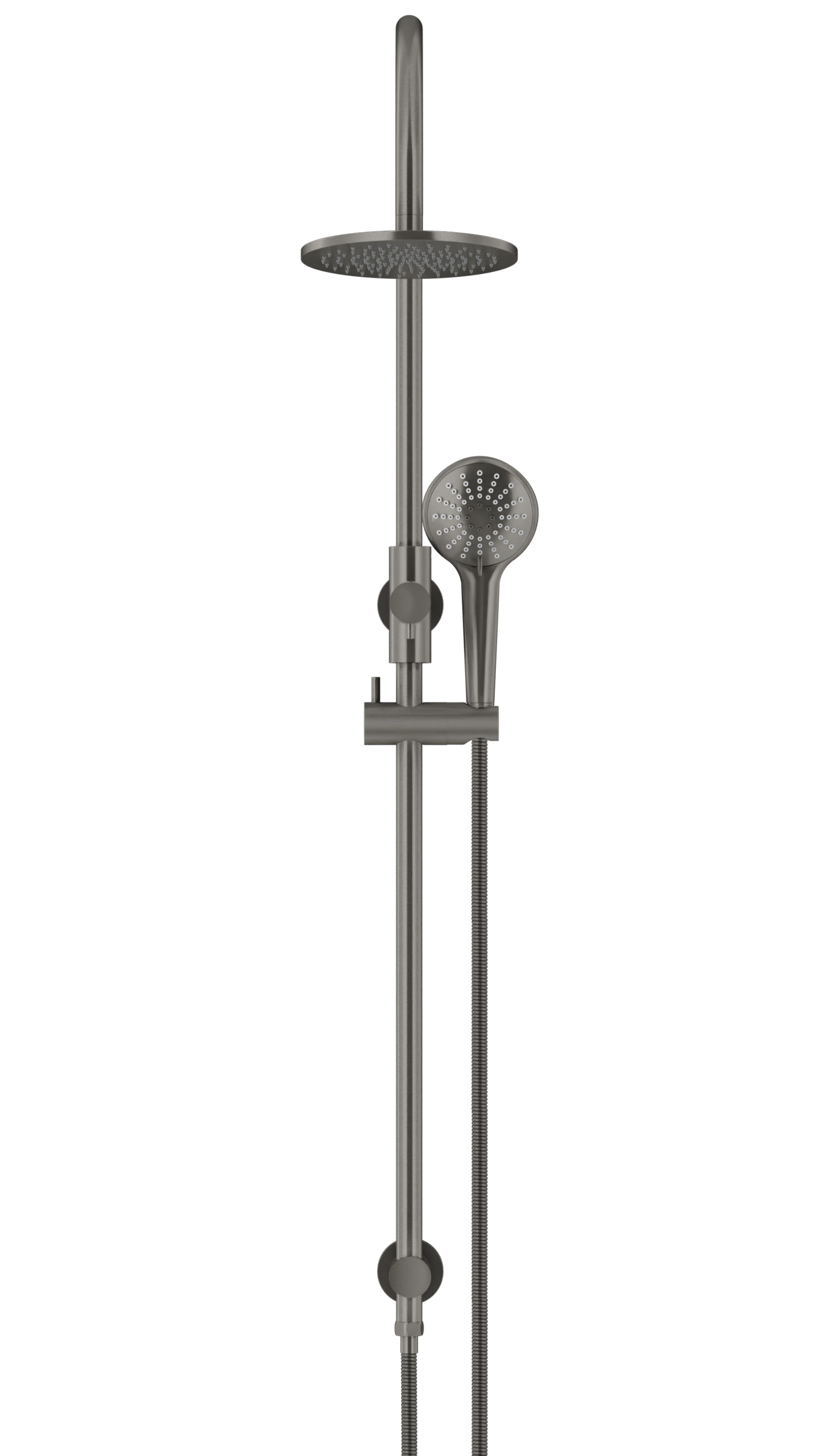 MZ0904-PVDGM_Meir_PVD_Shadow_front | Tap & Sink Contemporary Living Pty Ltd Meir Round Gooseneck Shower Set: 200mm Rose & Single-Function Hand Shower. PVD Gunmetal Grey finish. 200MM Rose