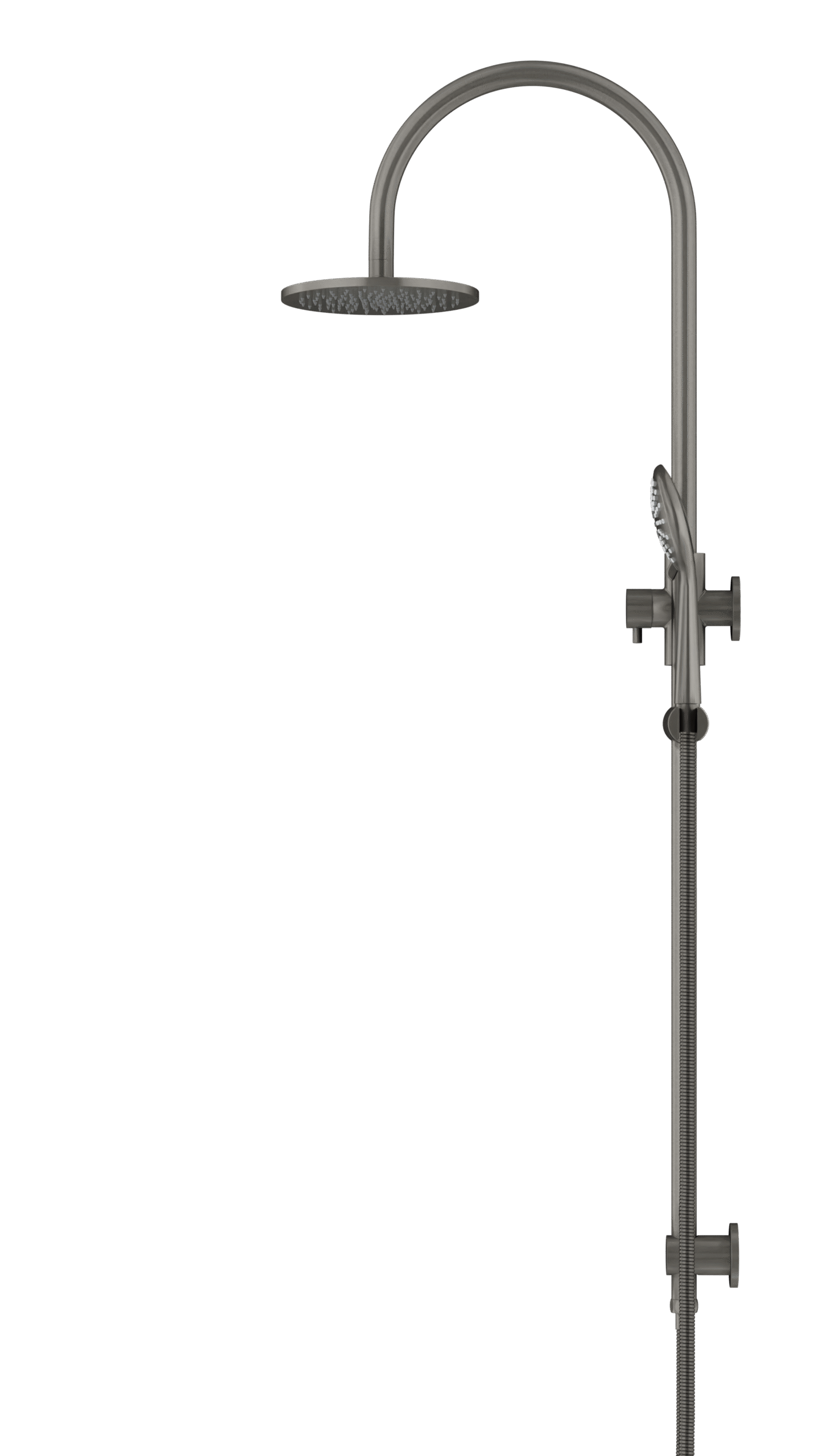 MZ0904-PVDGM_Meir_PVD_Shadow_profile | Tap & Sink Contemporary Living Pty Ltd Meir Round Gooseneck Shower Set: 200mm Rose & Single-Function Hand Shower. PVD Gunmetal Grey finish. 200MM Rose