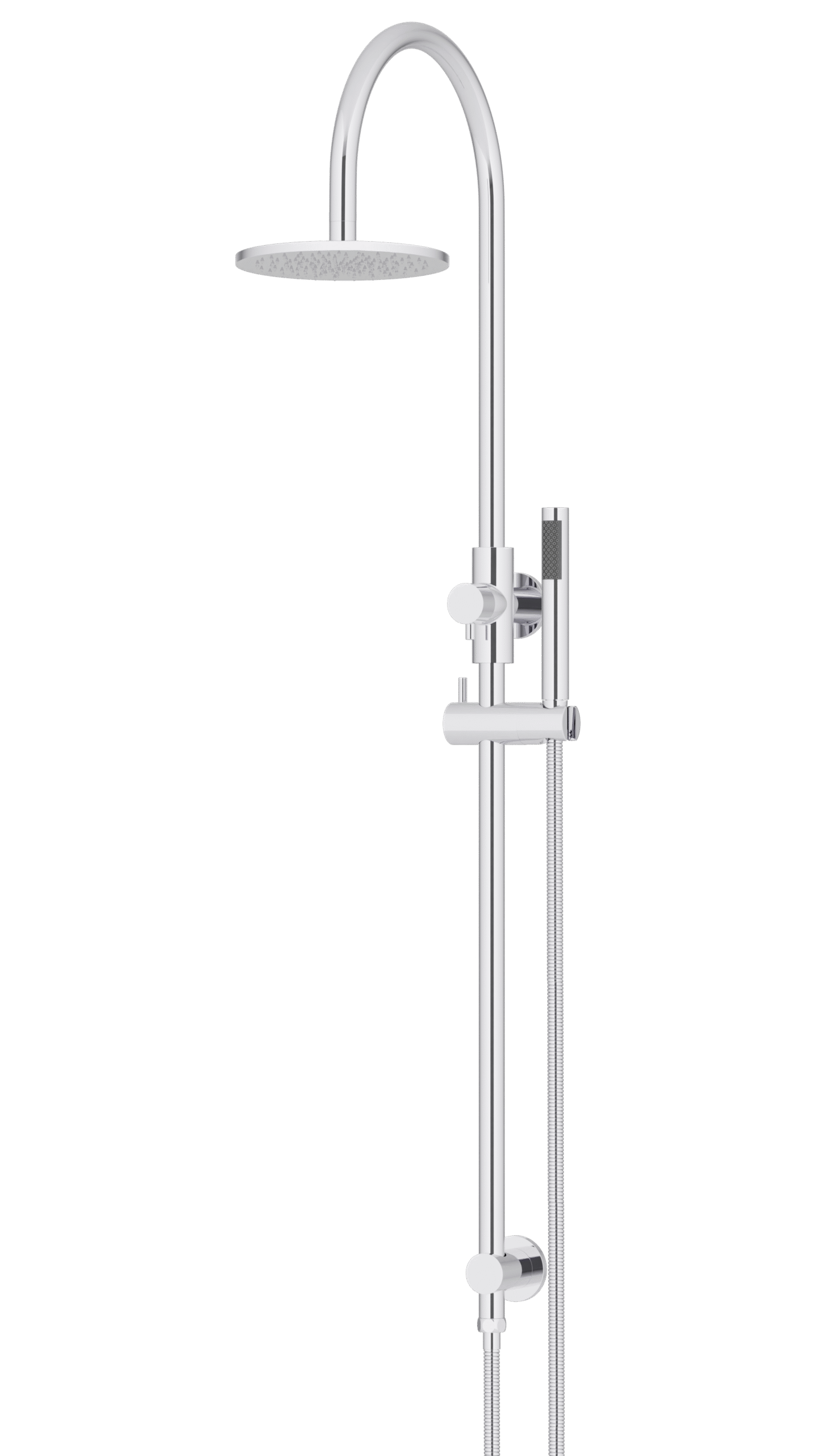 MZ0904-R-C Meir Polished_Chrome_angle | Tap & Sink Contemporary Living Pty Ltd Meir Round Gooseneck Shower Set: 200mm Rose & Single-Function Hand Shower. Chrome finish