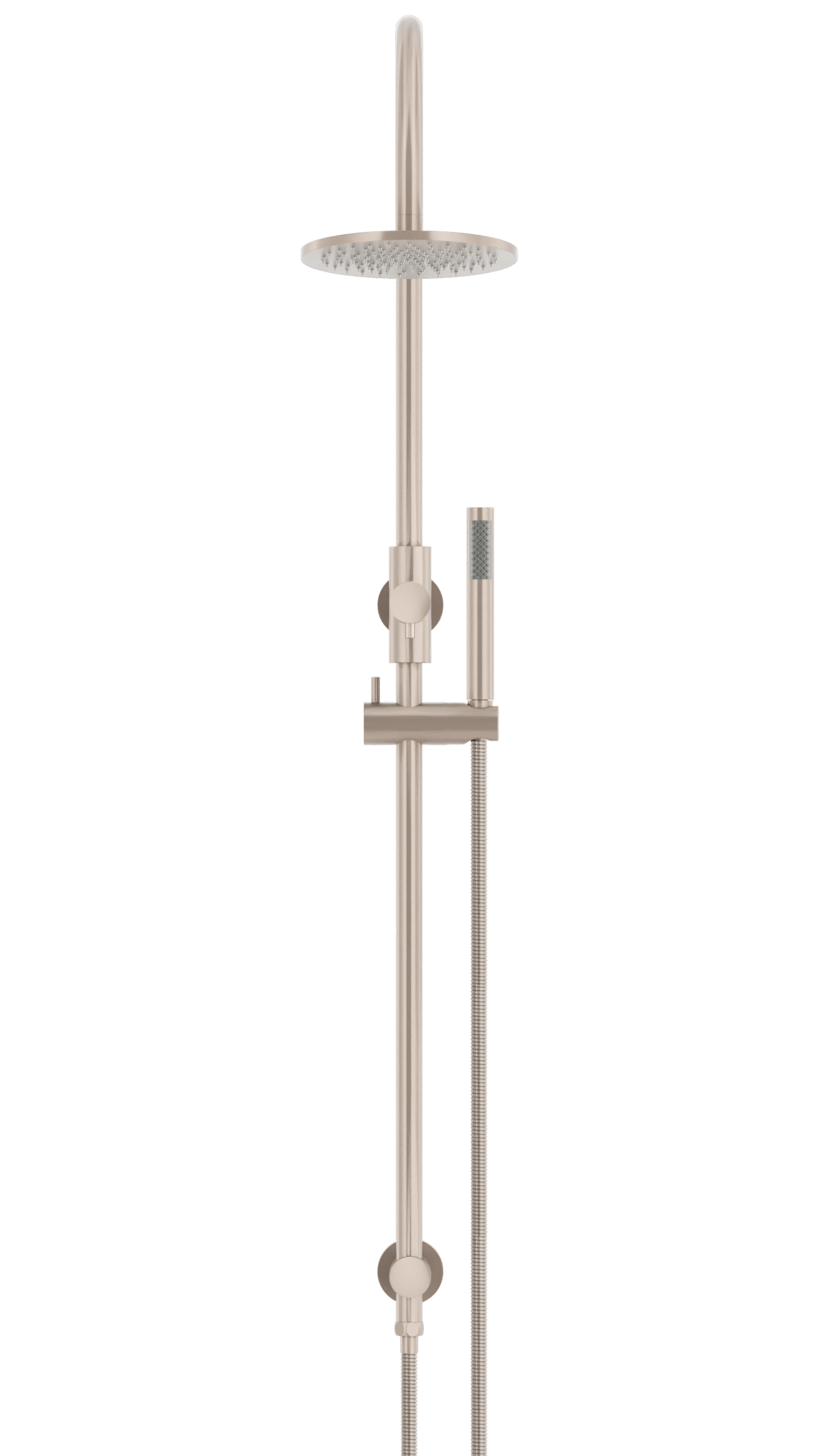 MZ0904-R-CH Meir_Champagne_front | Tap & Sink Contemporary Living Pty Ltd Meir Round Gooseneck Shower Set: 200mm Rose & Single-Function Hand Shower. Champagne finish