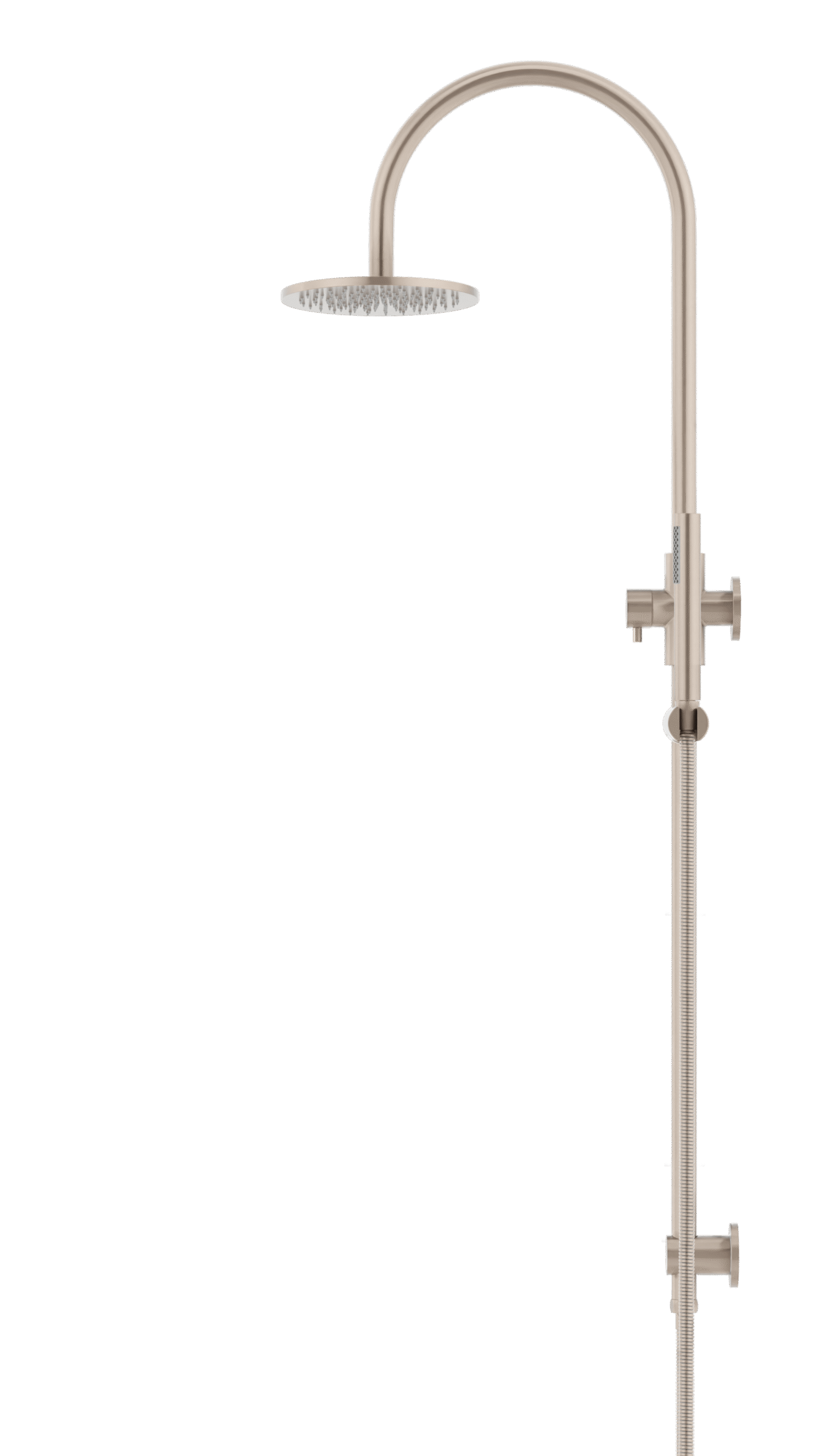 MZ0904-R-CH Meir_Champagne_profile | Tap & Sink Contemporary Living Pty Ltd Meir Round Gooseneck Shower Set: 200mm Rose & Single-Function Hand Shower. Champagne finish