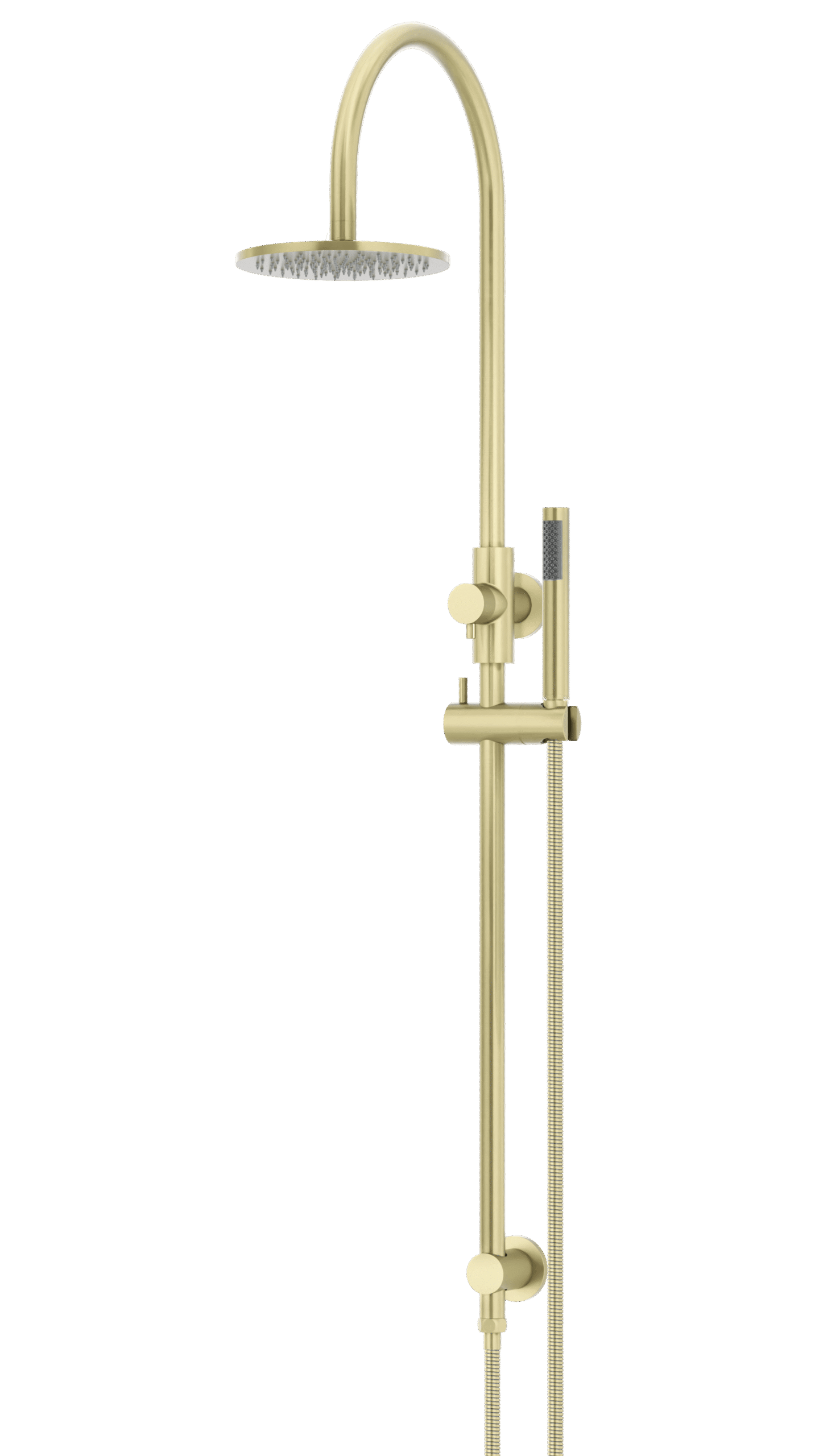 MZ0904-R-PVDBB_Meir_TigerBrozne_angle | Tap & Sink Contemporary Living Pty Ltd Meir Round Gooseneck Shower Set: 200mm Rose & Single-Function Hand Shower. PVD Tiger Bronze Gold finish