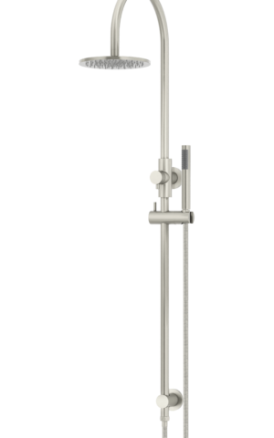 Meir Round Gooseneck Shower Set: 200mm Rose & Single-Function Hand Shower. PVD Brushed Nickel finish