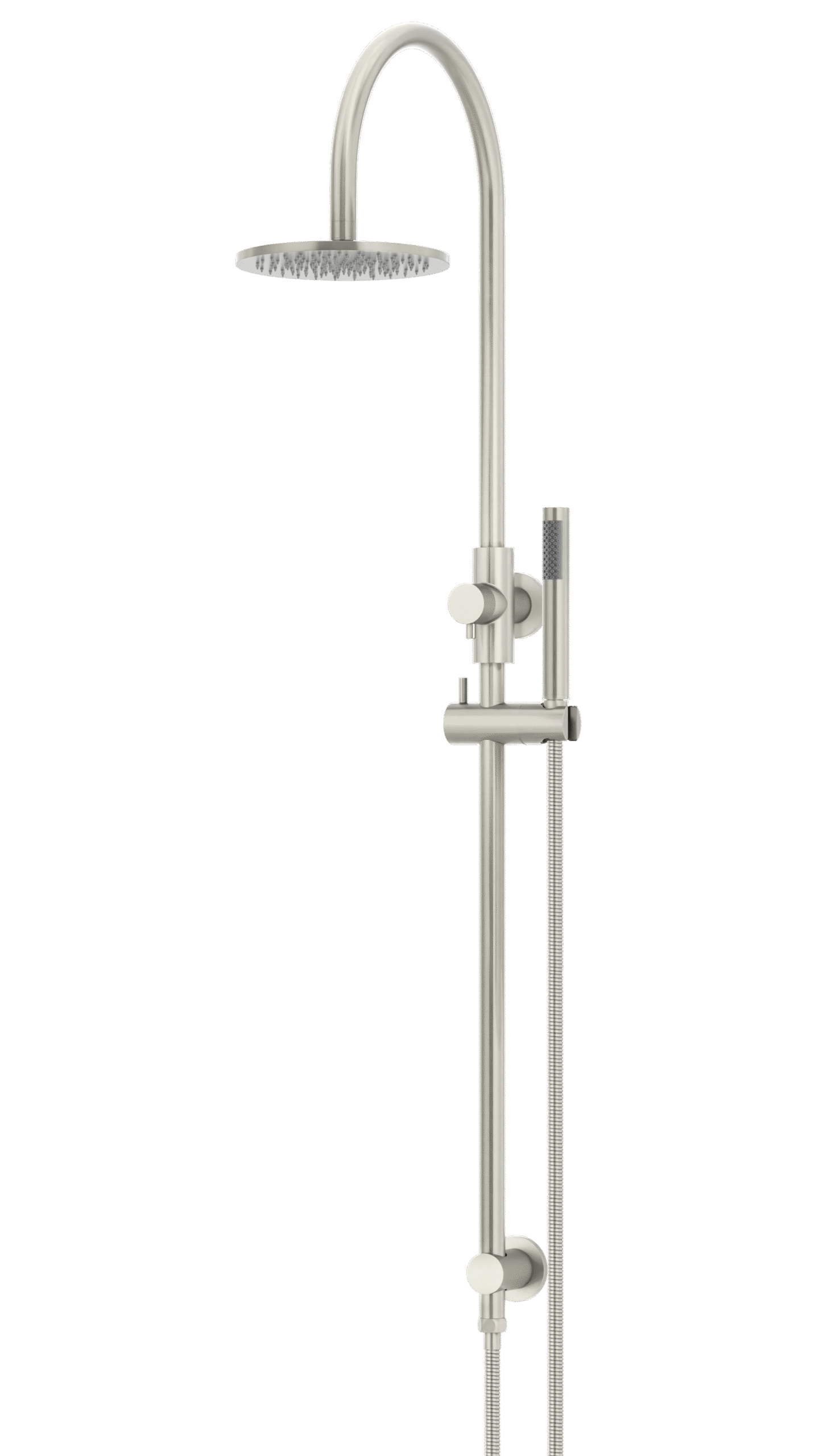 MZ0904-R-PVDBN_BrushedNickel_angle copy | Tap & Sink Contemporary Living Pty Ltd Meir Round Gooseneck Shower Set: 200mm Rose & Single-Function Hand Shower. PVD Brushed Nickel finish