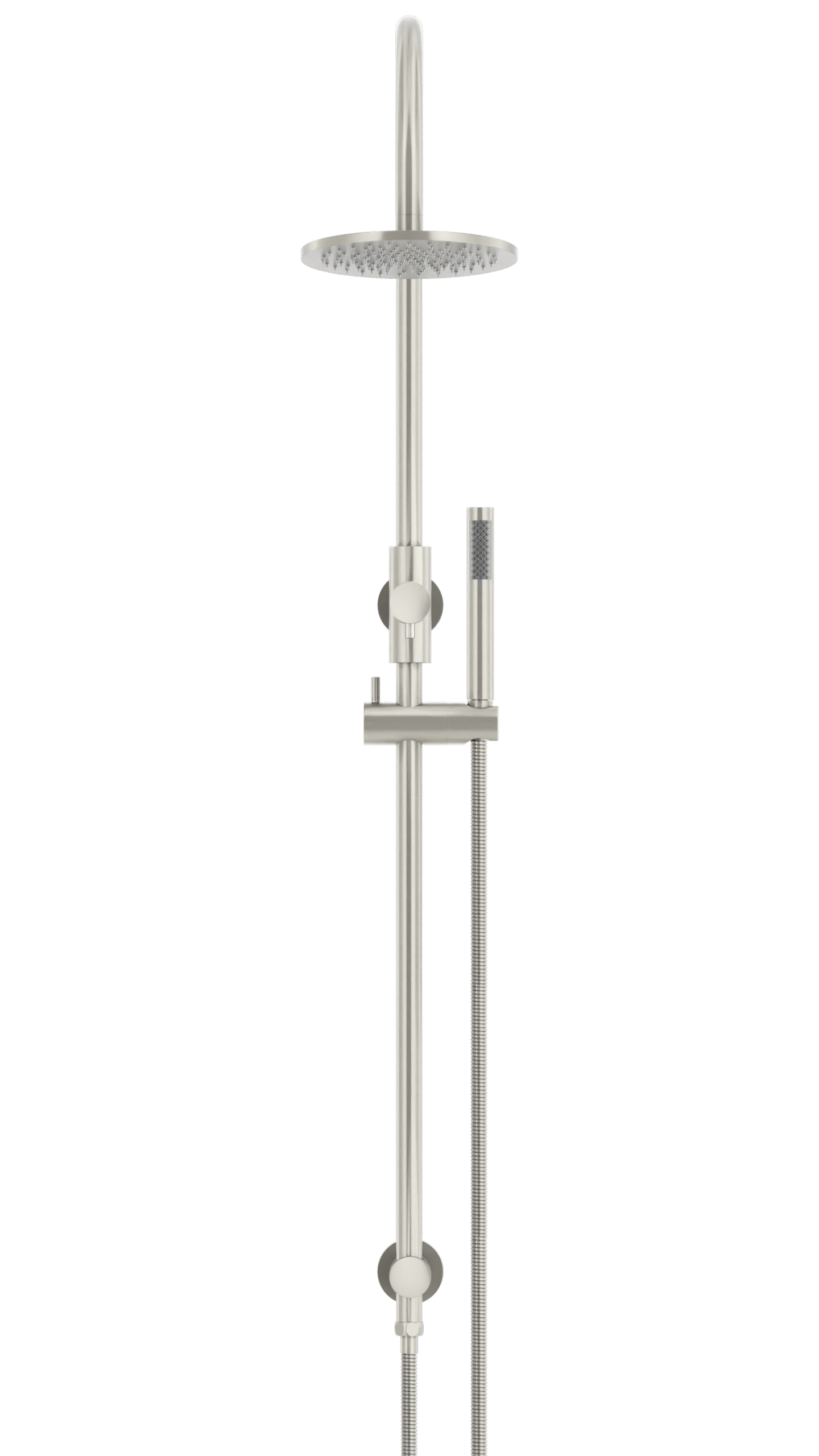 MZ0904-R-PVDBN_BrushedNickel_front | Tap & Sink Contemporary Living Pty Ltd Meir Round Gooseneck Shower Set: 200mm Rose & Single-Function Hand Shower. PVD Brushed Nickel finish