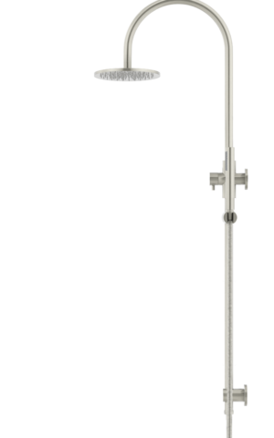 Meir Round Gooseneck Shower Set: 200mm Rose & Single-Function Hand Shower. PVD Brushed Nickel finish