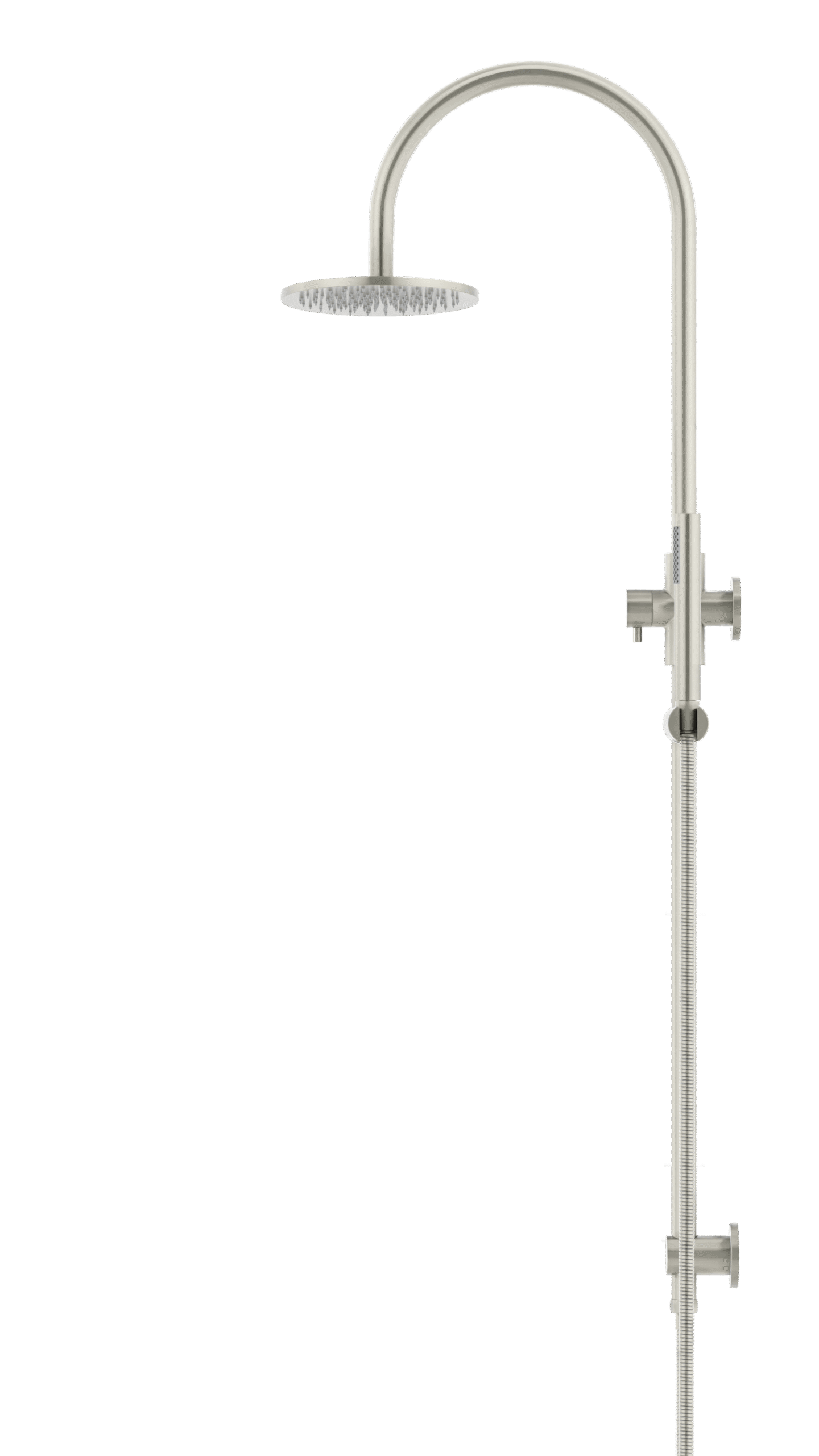 MZ0904-R-PVDBN_BrushedNickel_profile | Tap & Sink Contemporary Living Pty Ltd Meir Round Gooseneck Shower Set: 200mm Rose & Single-Function Hand Shower. PVD Brushed Nickel finish