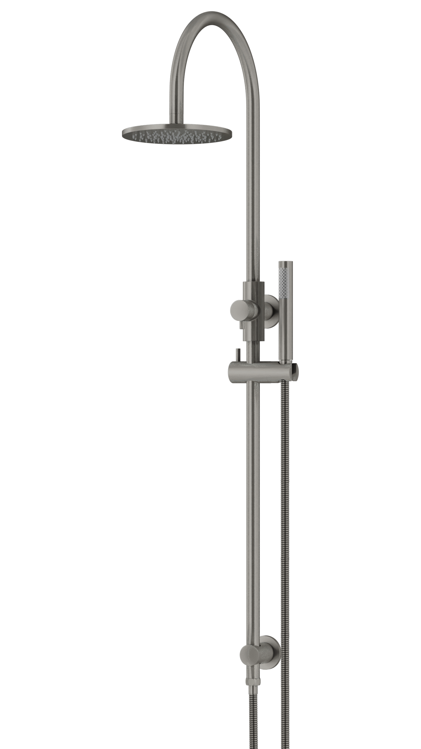 MZ0904-R-PVDGM_Meir_PVD_Shadow_angle | Tap & Sink Contemporary Living Pty Ltd Meir Round Gooseneck Shower Set: 200mm Rose & Single-Function Hand Shower. PVD Gunmetal Grey finish