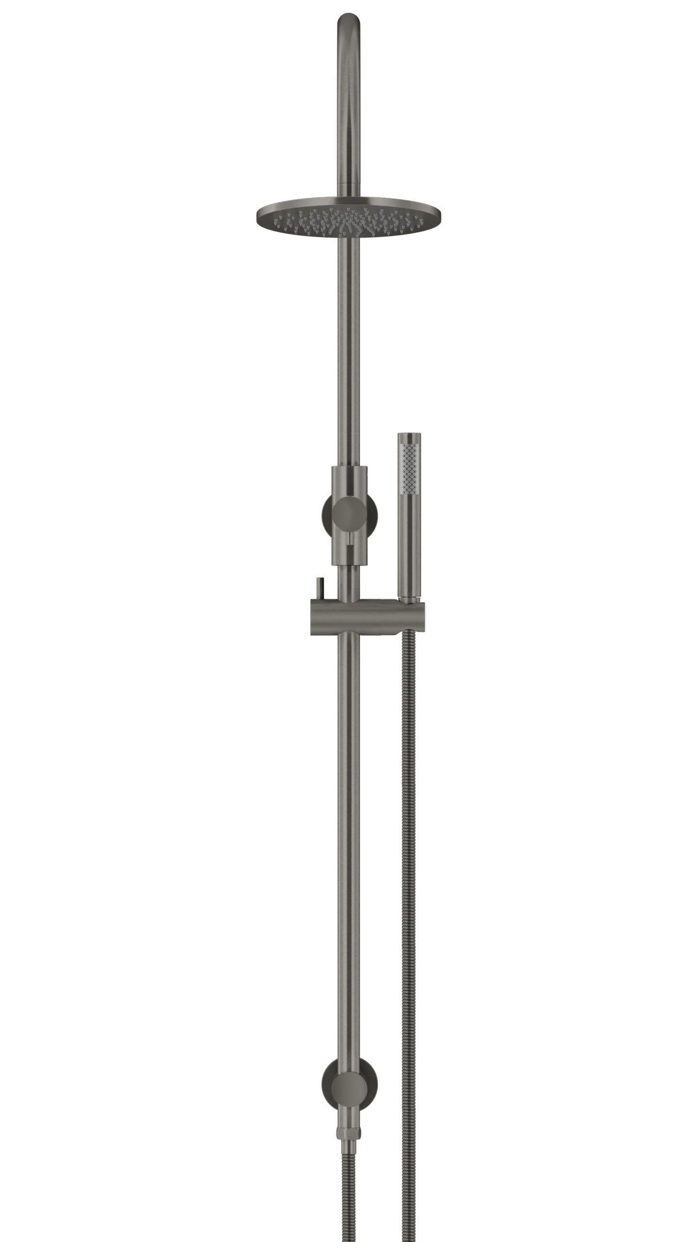 MZ0904-R-PVDGM_Meir_PVD_Shadow_front | Tap & Sink Contemporary Living Pty Ltd Meir Round Gooseneck Shower Set: 200mm Rose & Single-Function Hand Shower. PVD Gunmetal Grey finish