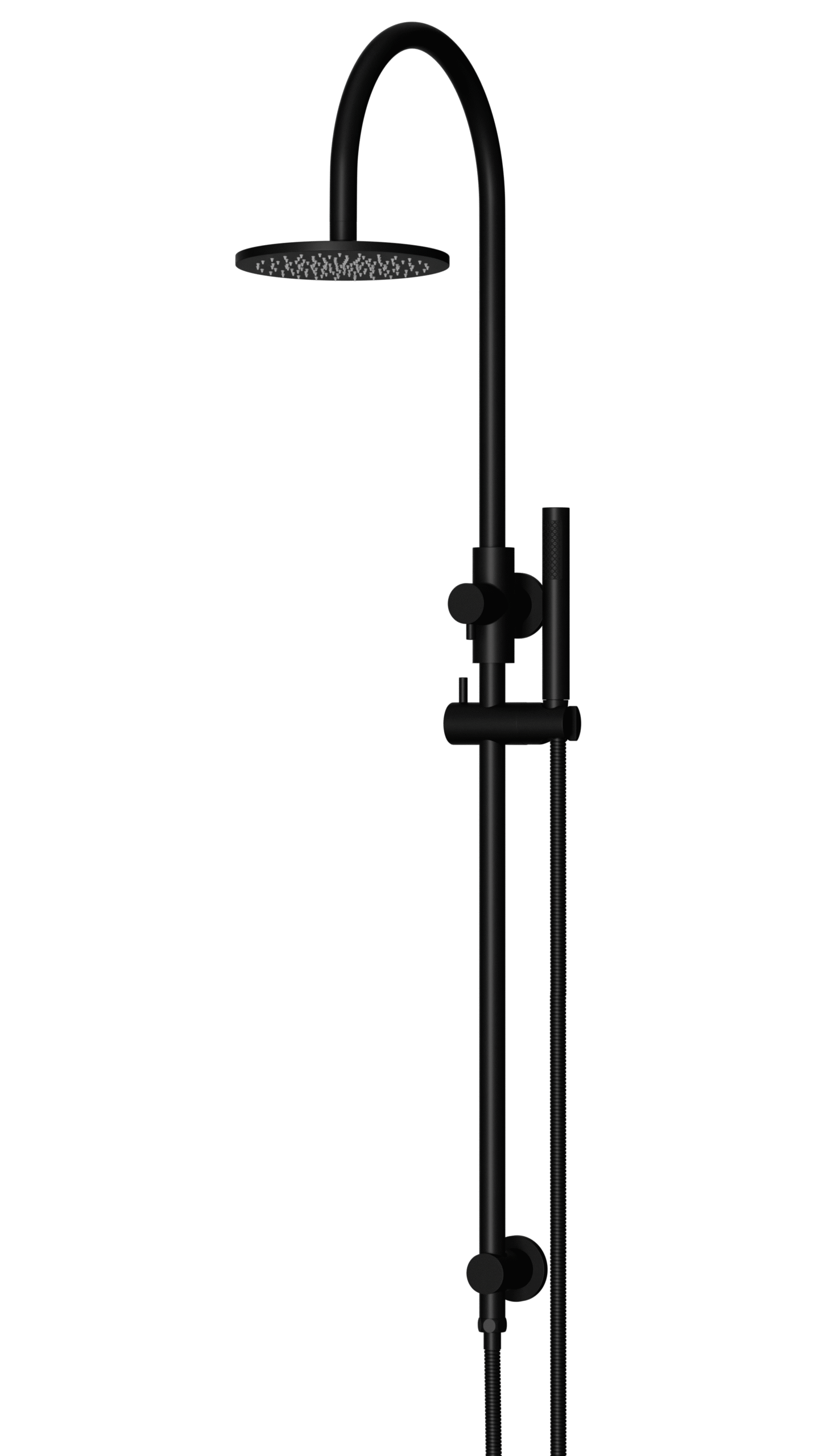 MZ0904-R_MatteBlack_angle | Tap & Sink Contemporary Living Pty Ltd Meir Round Gooseneck Shower Set: 200mm Rose & Single-Function Hand Shower. Matte Black finish