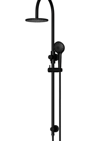 Meir Round Gooseneck Shower Set: 200mm Rose & Single-Function Hand Shower. Matte black finish. 200MM Rose