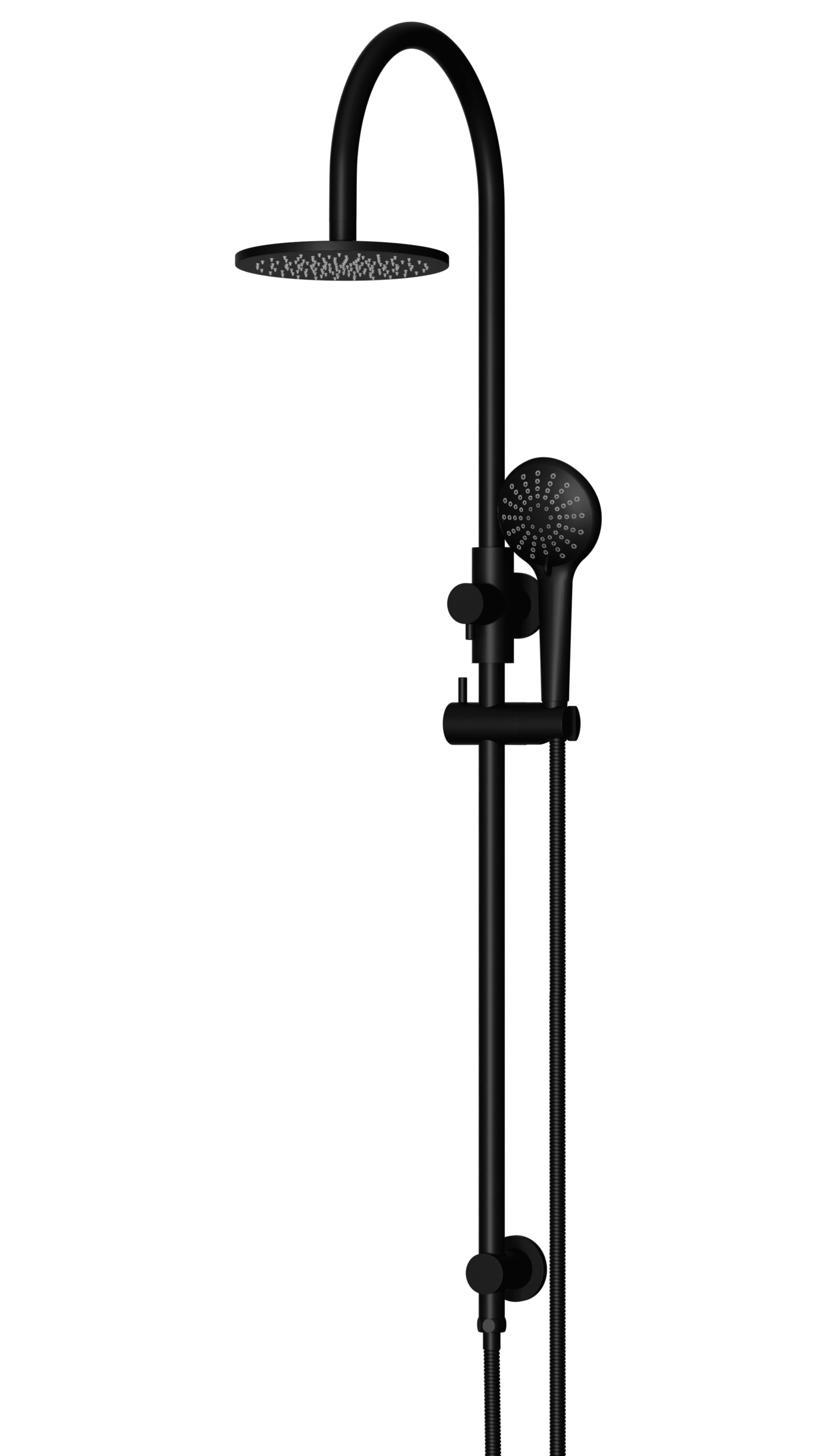 MZ0904_MatteBlack_angle | Tap & Sink Contemporary Living Pty Ltd Meir Round Gooseneck Shower Set: 200mm Rose & Single-Function Hand Shower. Matte black finish. 200MM Rose