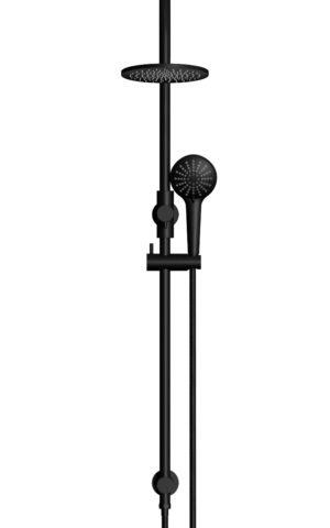 Meir Round Gooseneck Shower Set: 200mm Rose & Single-Function Hand Shower. Matte black finish. 200MM Rose