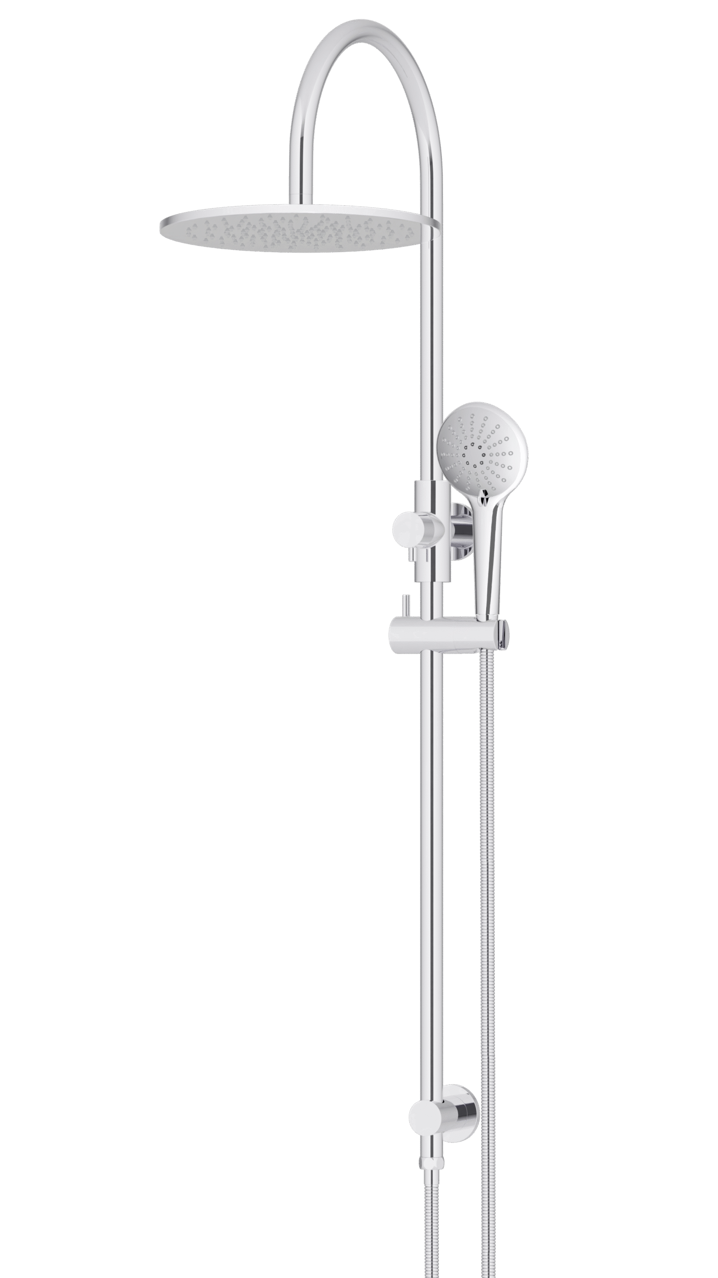 MZ0906-C Meir Polished_Chrome_angle | Tap & Sink Contemporary Living Pty Ltd Meir Round Gooseneck Shower Set: 300mm Rose & Single-Function Hand Shower. Chrome finish.