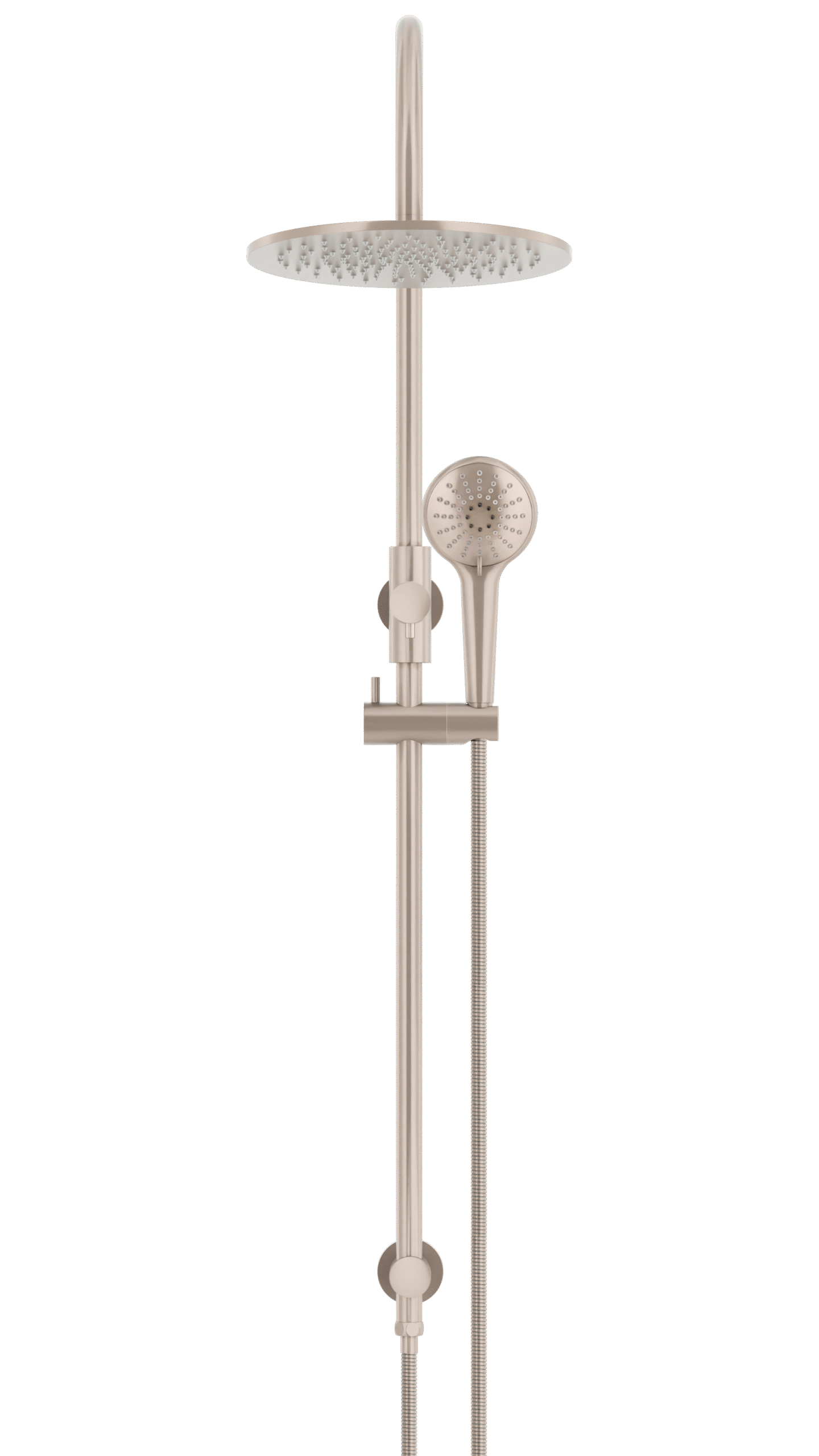 MZ0906-CH Meir_Champagne_front | Tap & Sink Contemporary Living Pty Ltd Meir Round Gooseneck Shower Set: 300mm Rose & Single-Function Hand Shower. Champagne finish.