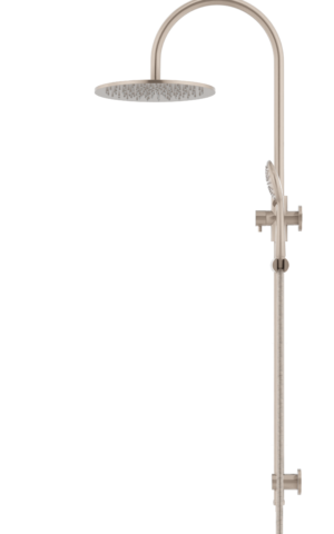 Meir Round Gooseneck Shower Set: 300mm Rose & Single-Function Hand Shower. Champagne finish.